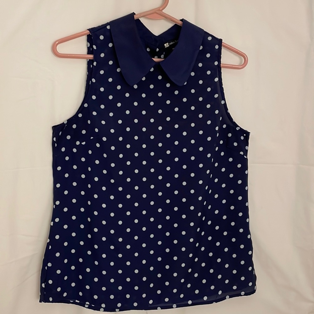 Valerie Bartinelli Navy Blue White   Polk Dot Blouse Size M
